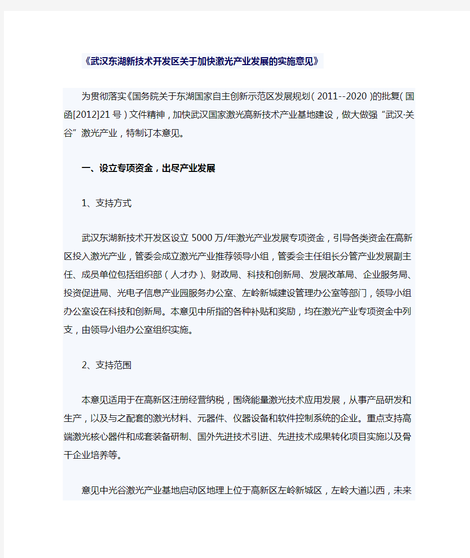 武汉东湖新技术开发区关于加快激光产业发展的实施意见