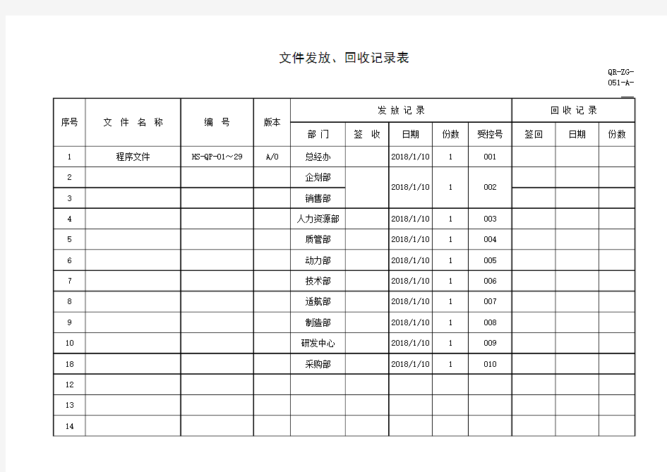 文件发放、回收记录表