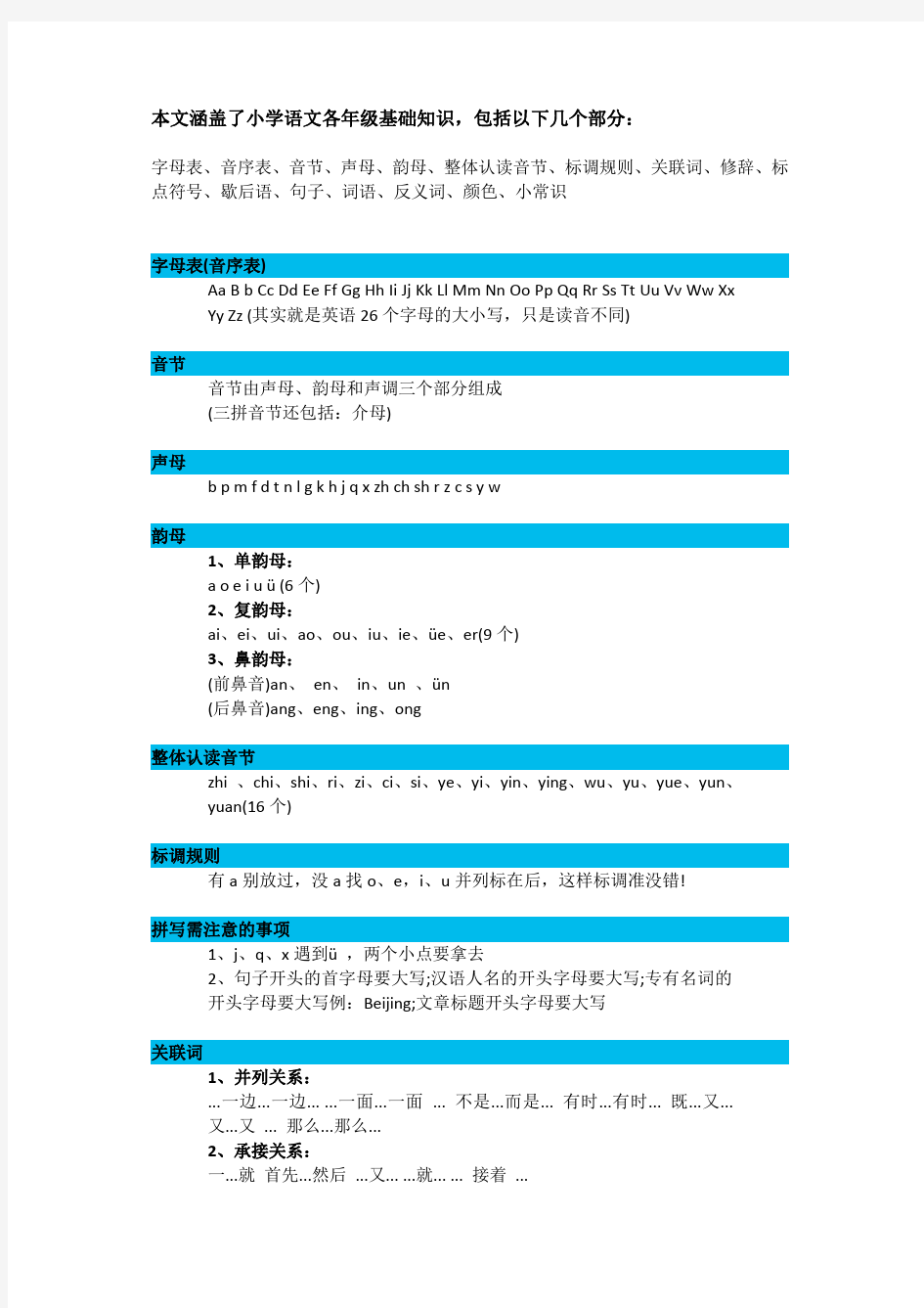 小学语文各年级基础知识