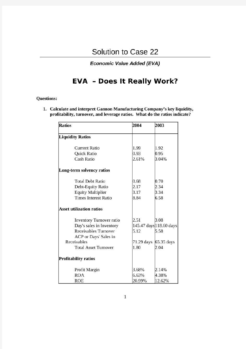 公司理财-金融学案例原题及答案-Solution to Case 22-Economic Value Added (EVA)l