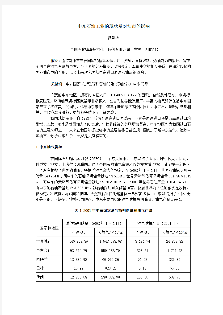 中东石油工业的现状及对油的影响