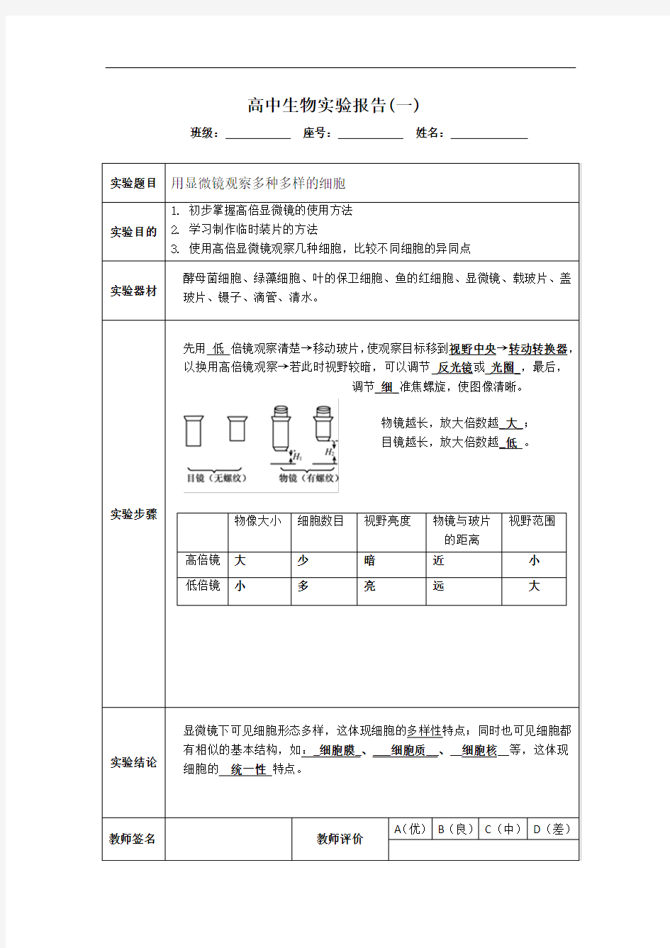 高中生物实验报告(必修1)