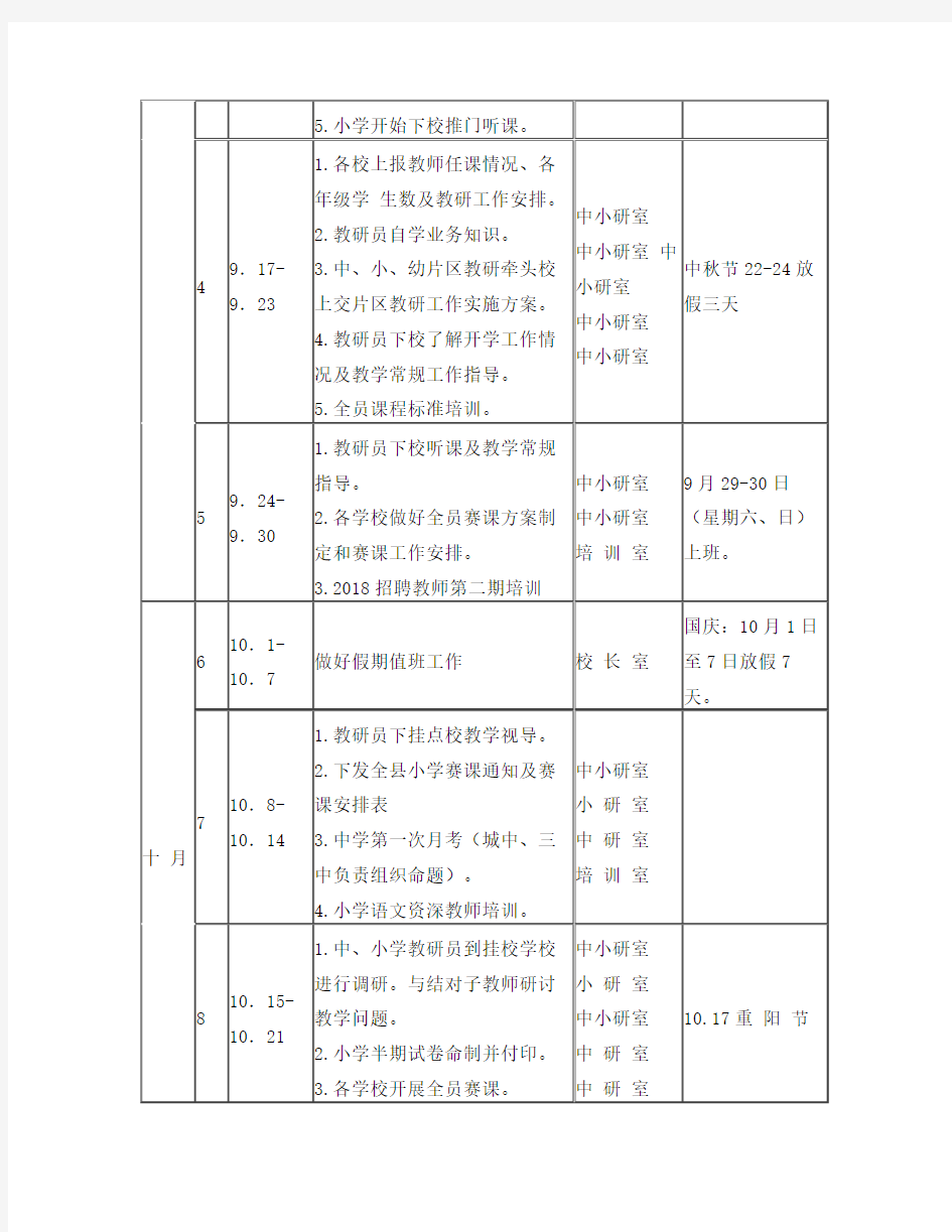 2018-2019学年第一学期行事历