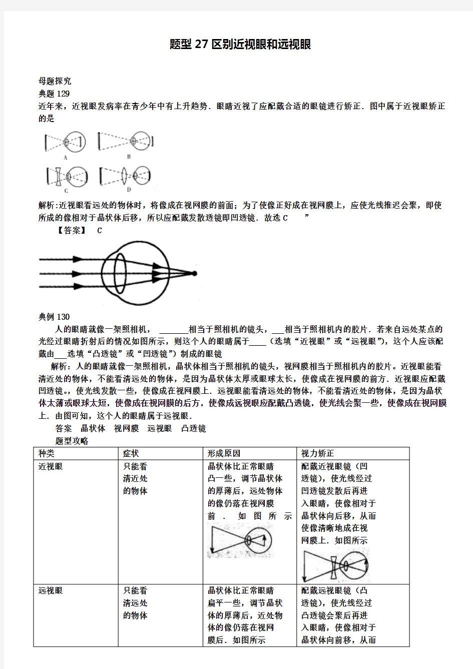 中考物理试题调研 题型27 区别近视眼和远视眼