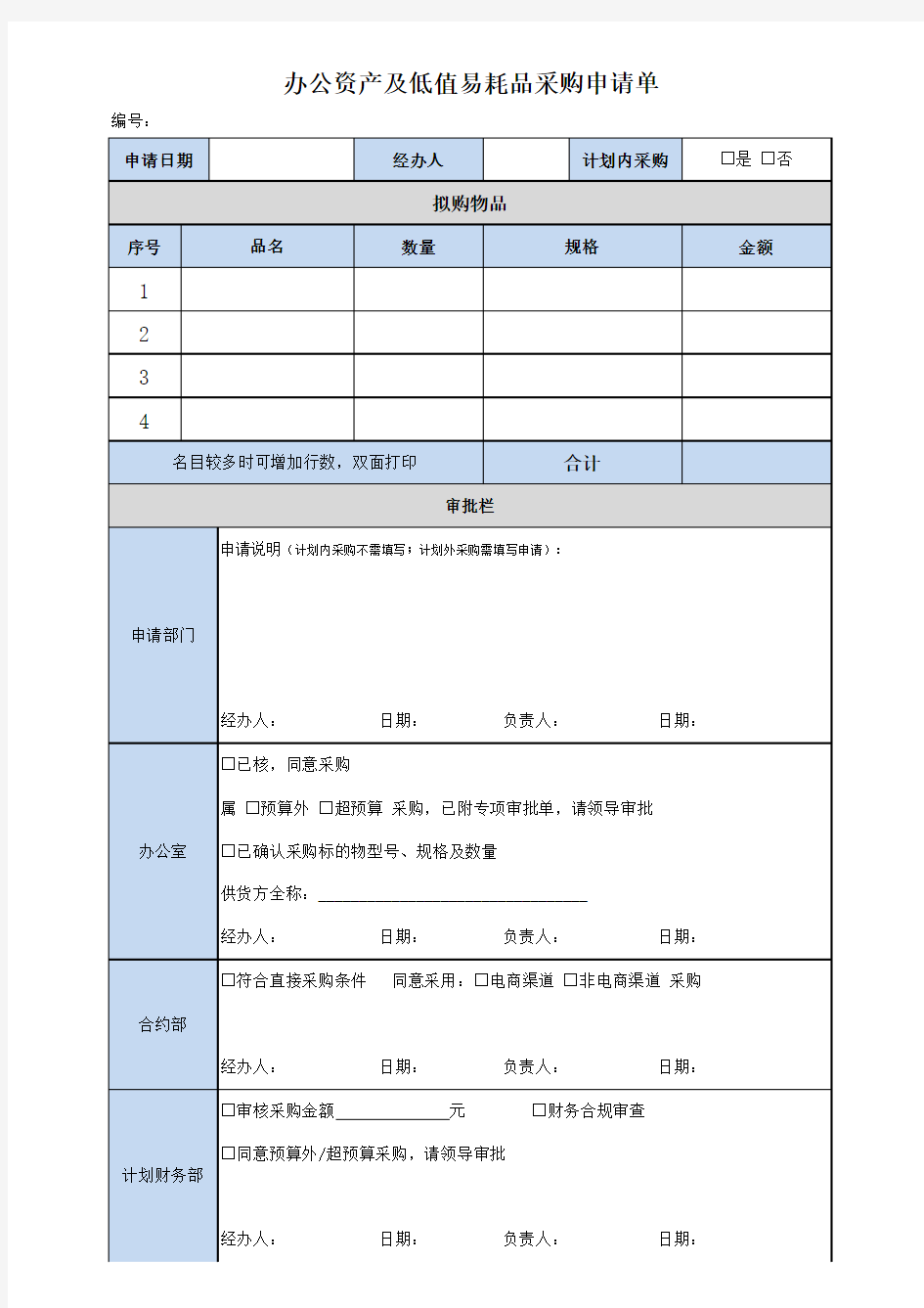 办公用品采购申请单模板