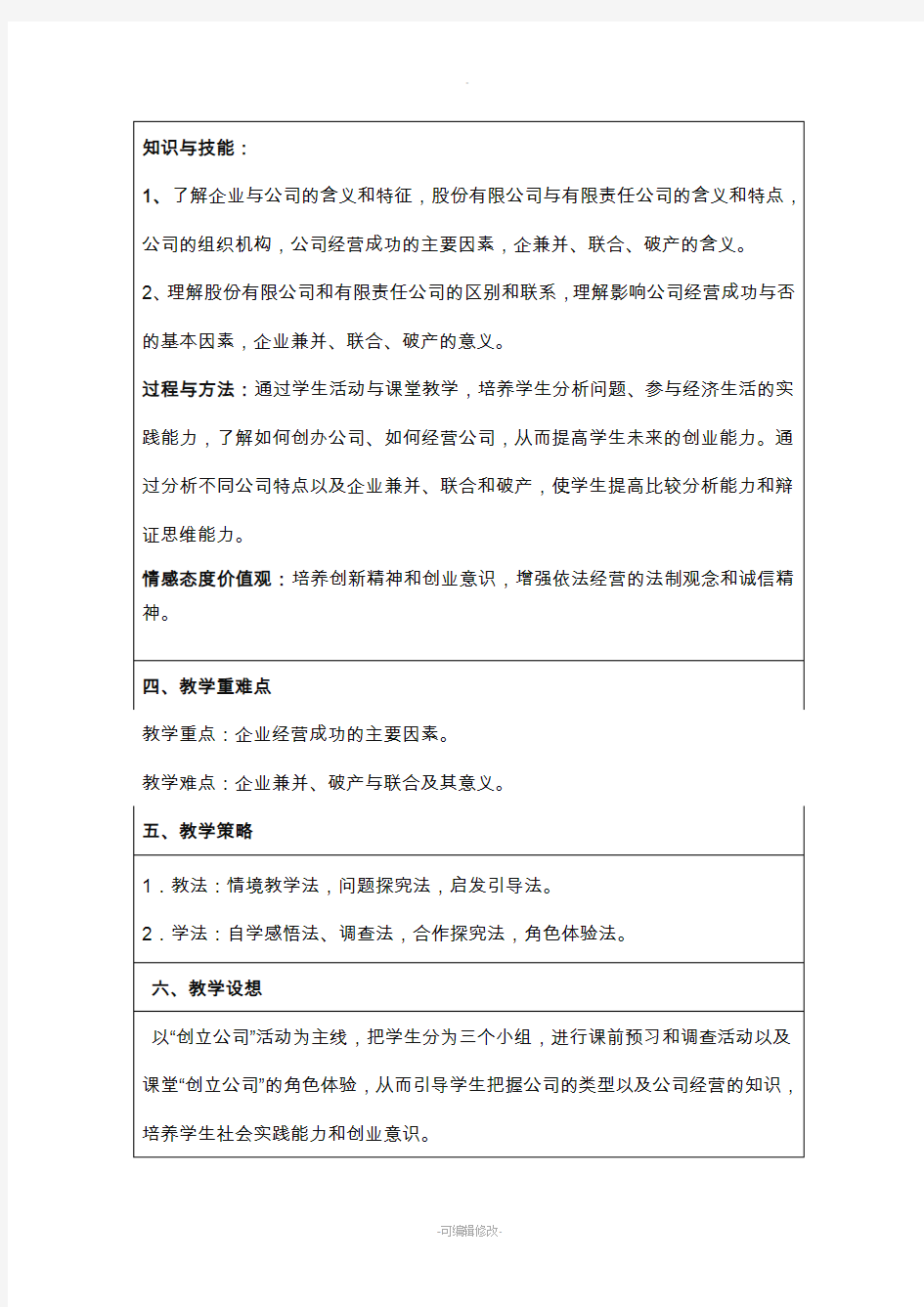 企业的经营教学设计