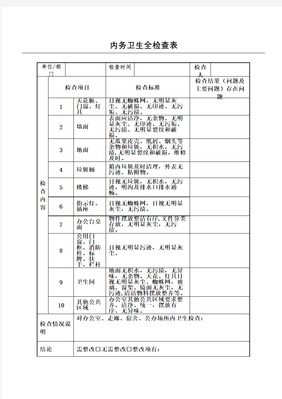 内务卫生全检查表