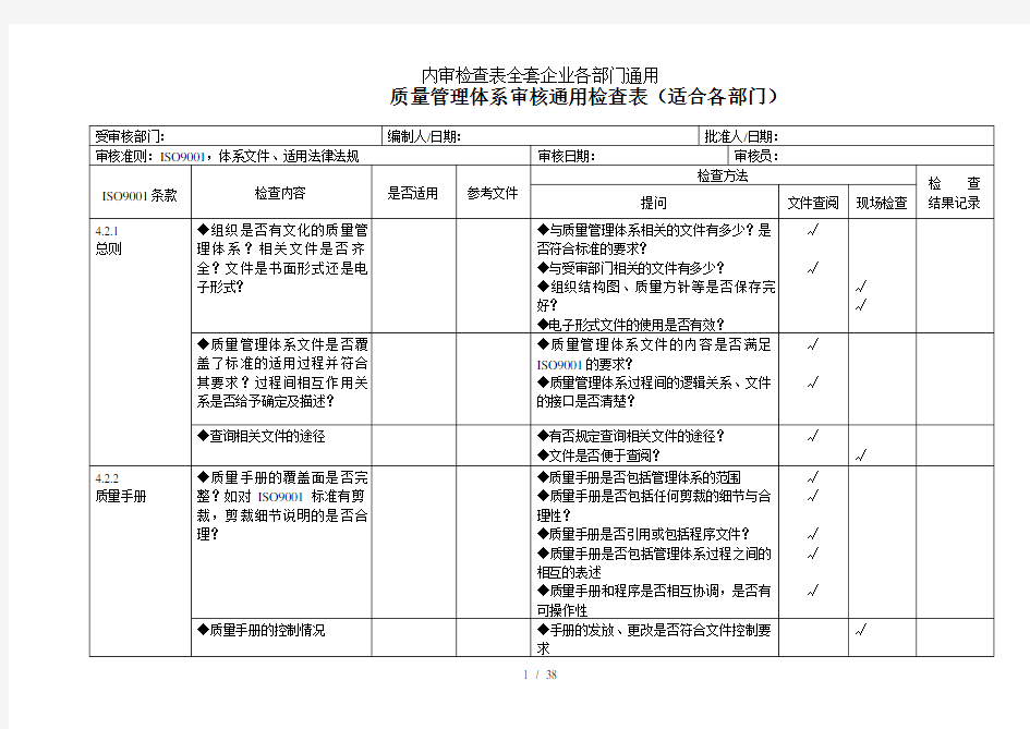 内审检查表全套企业各部门通用