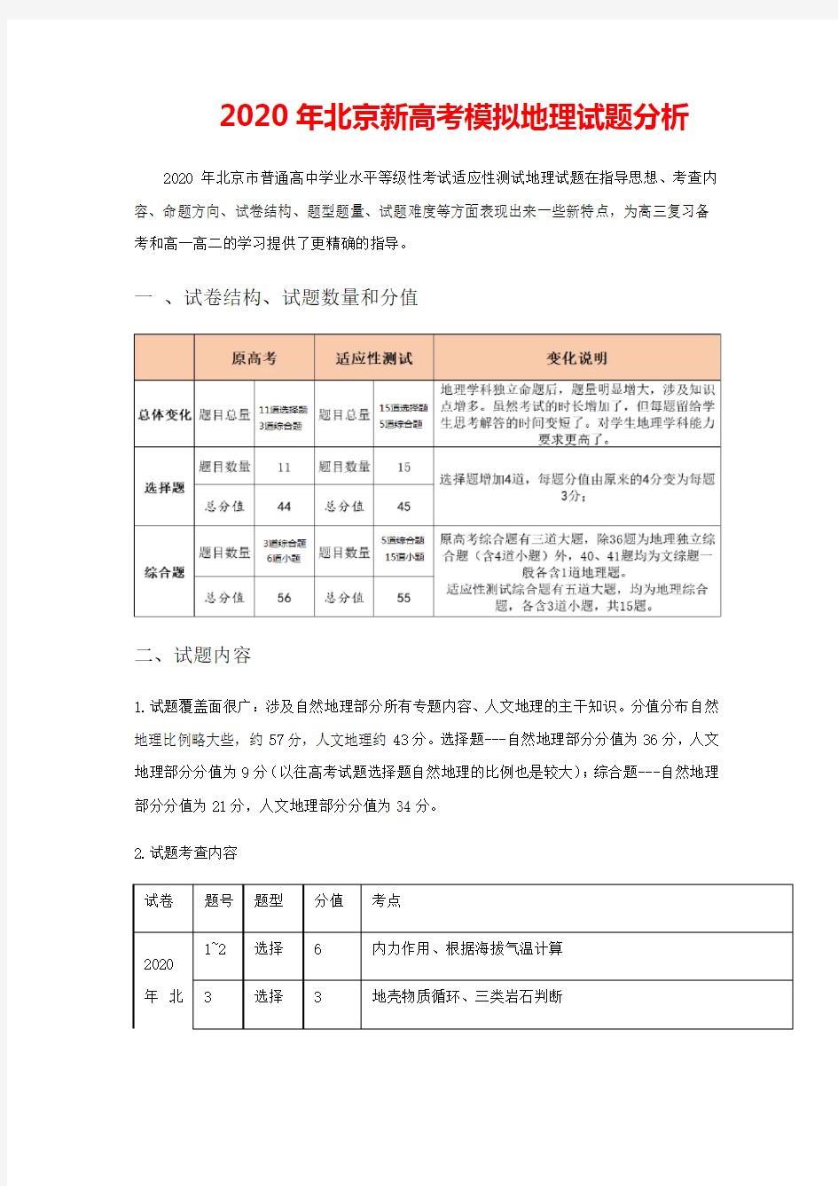 2020年北京新高考变化分析(地理科)