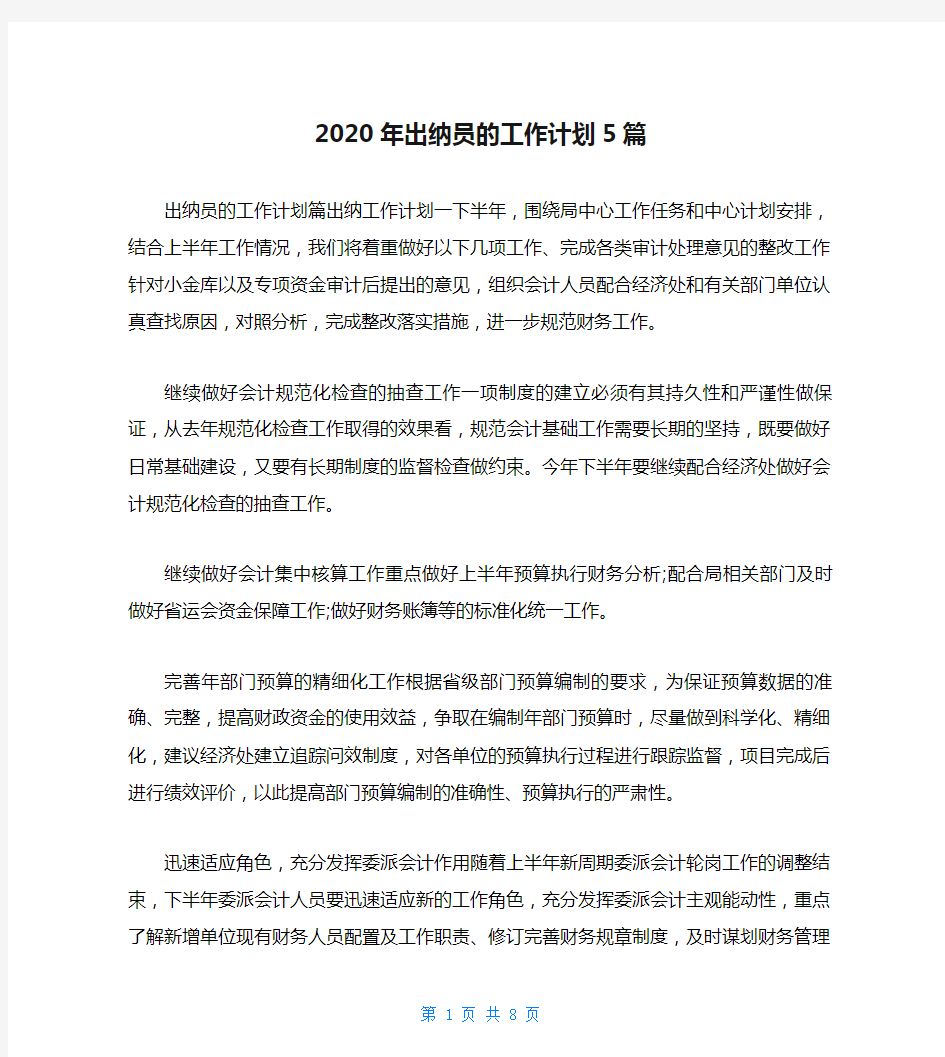 2020年出纳员的工作计划5篇