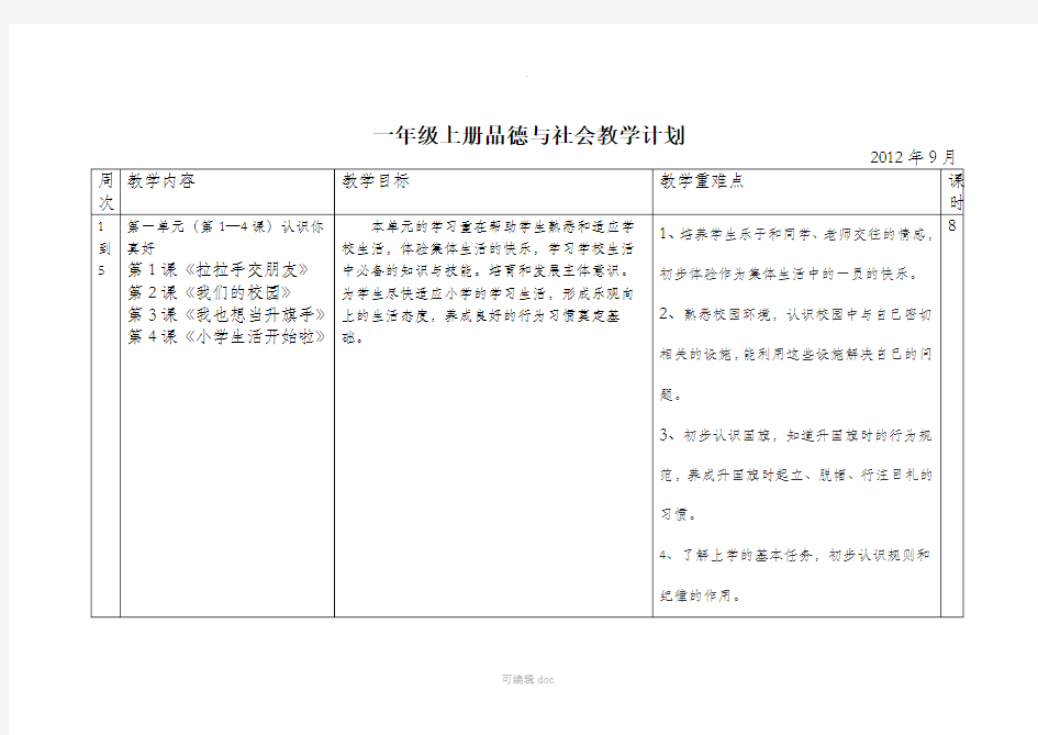 一年级上册品德与社会教学计划