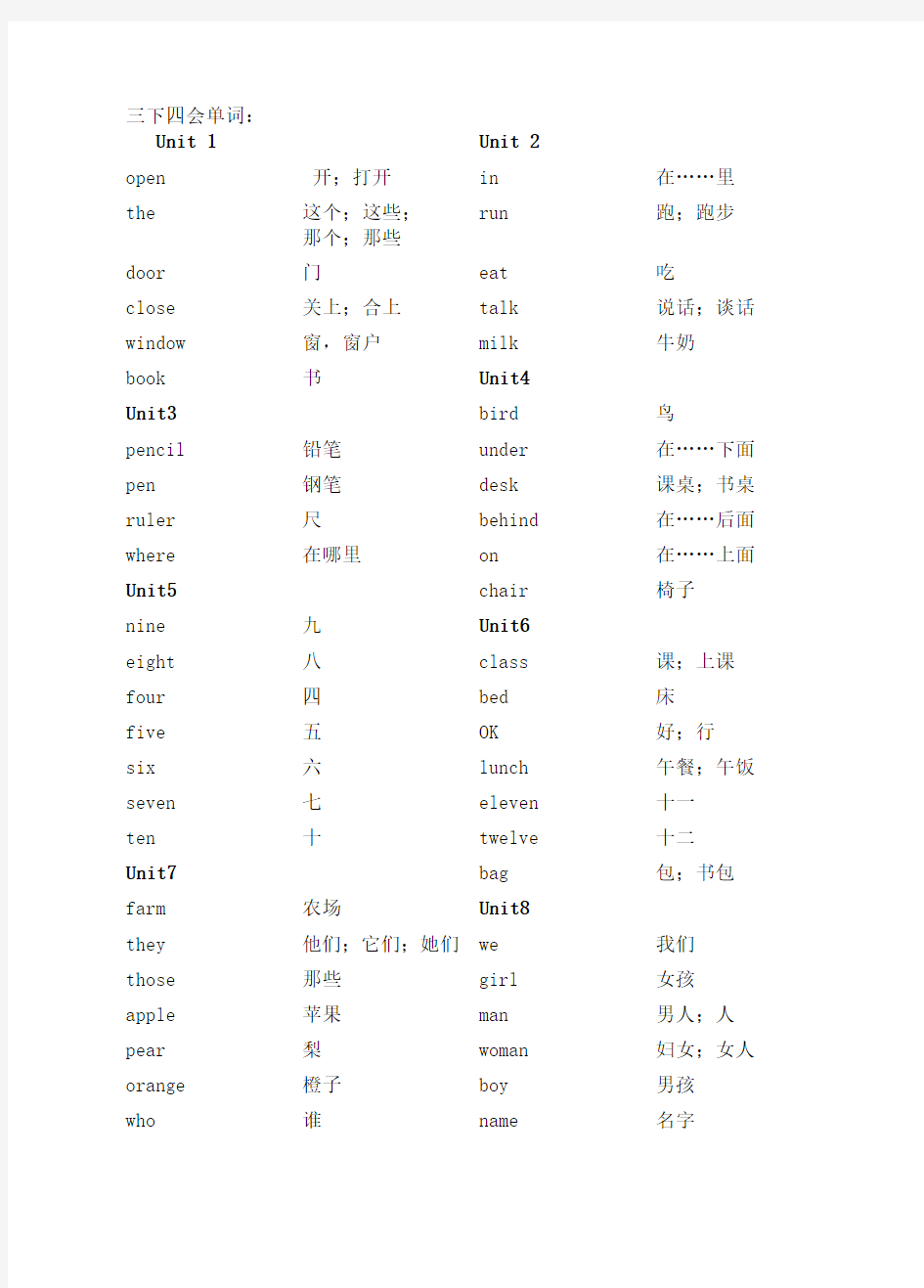 小学英语三年级下册四会单词