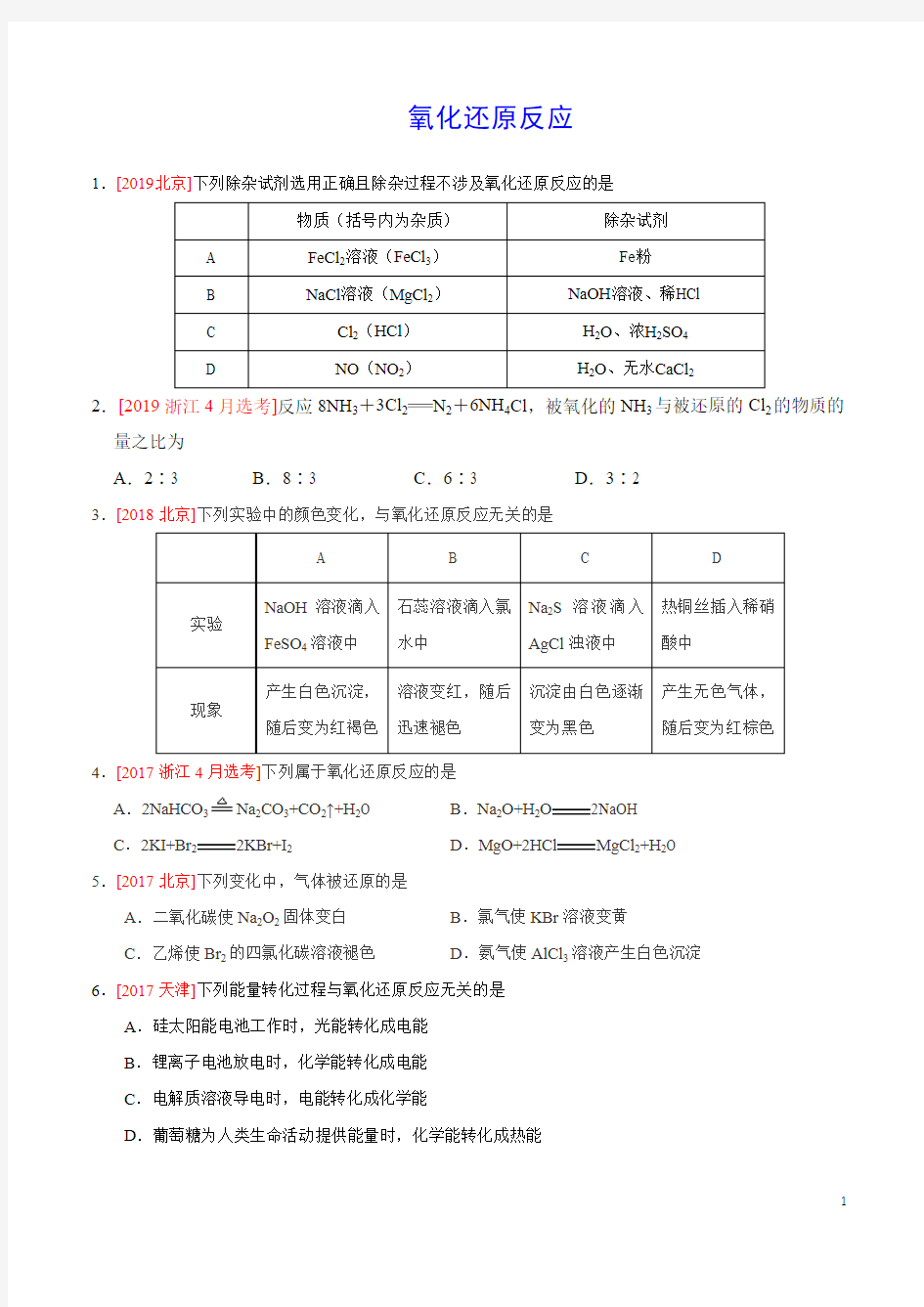 氧化还原反应(2017-2019)