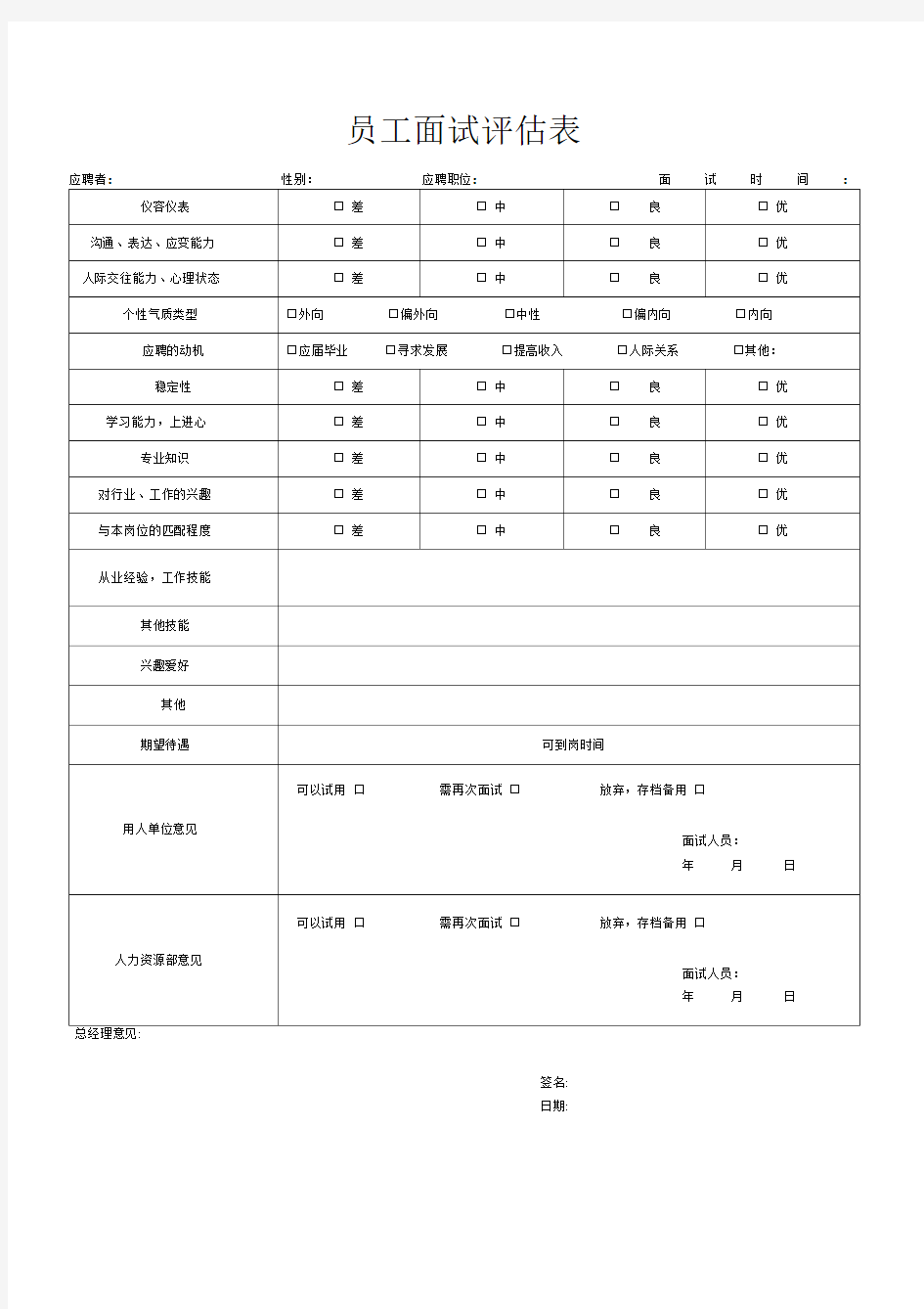 人事表格-员工面试评估表