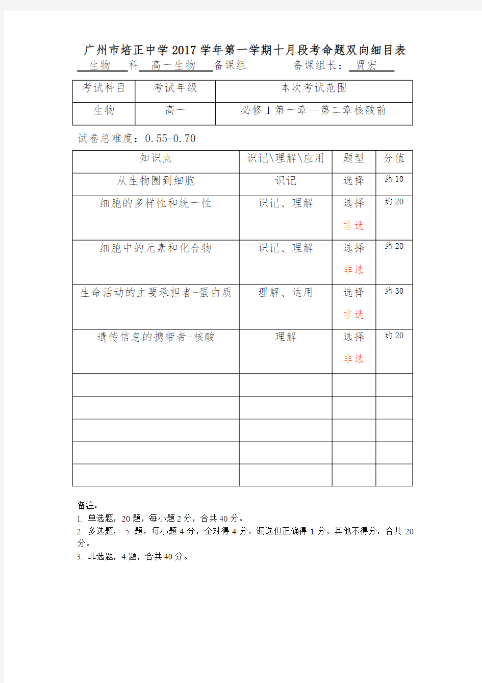 20171010高一生物双向细目表