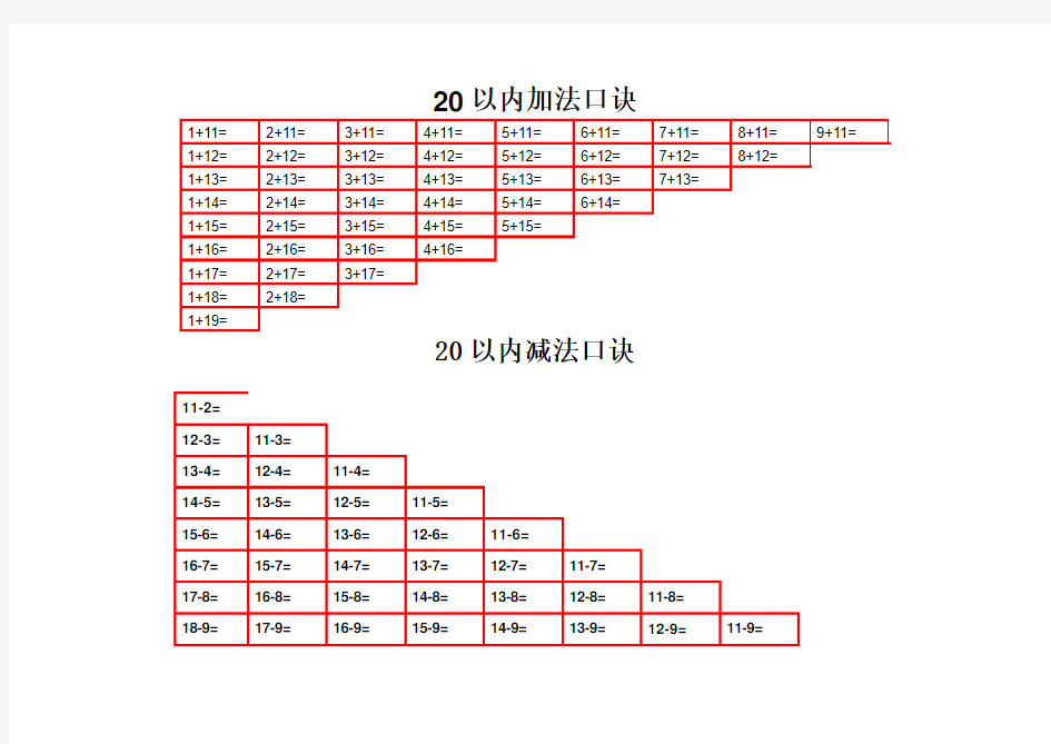 20以内加减法口诀表(可直接打印)