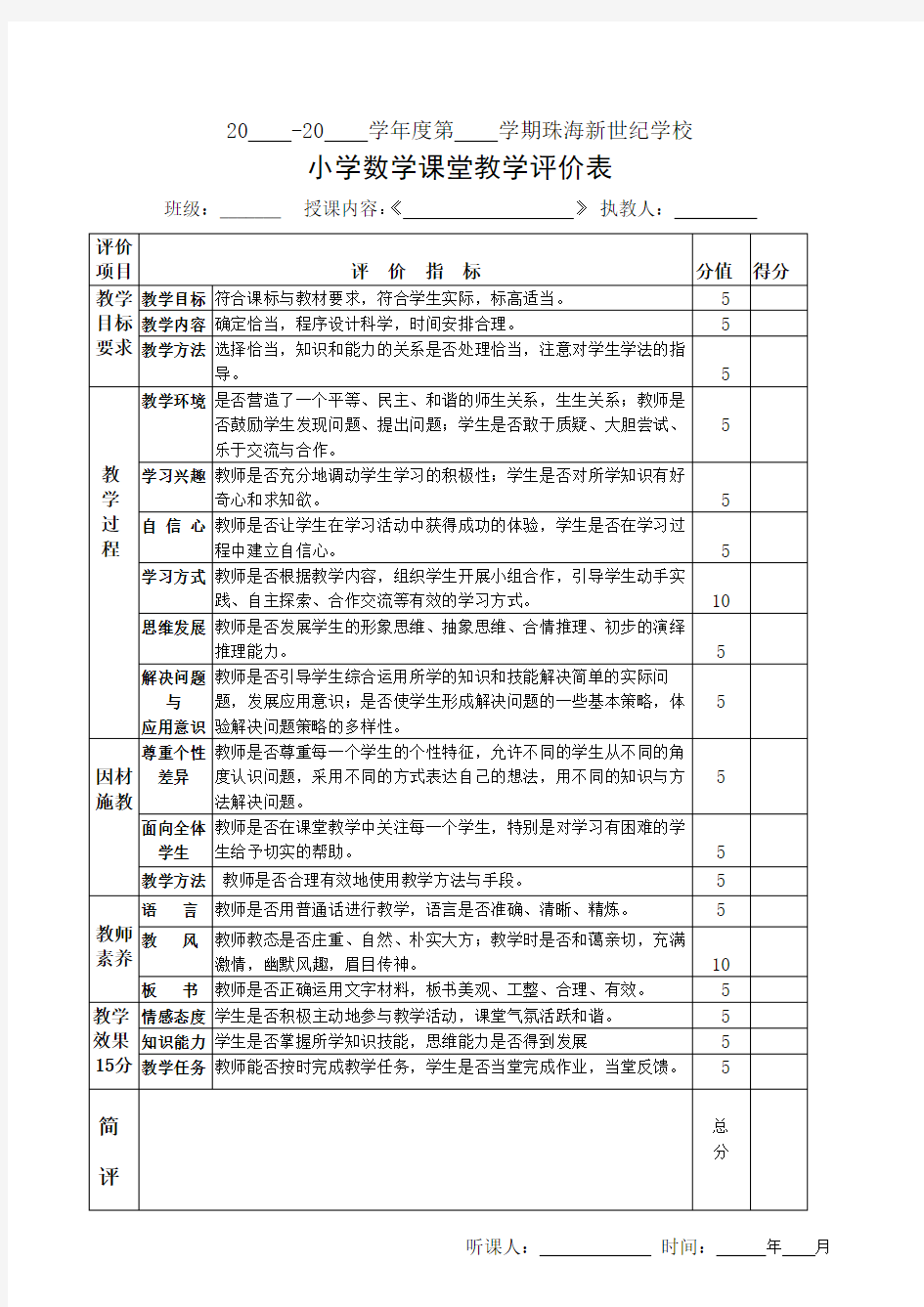 数学课堂评价表