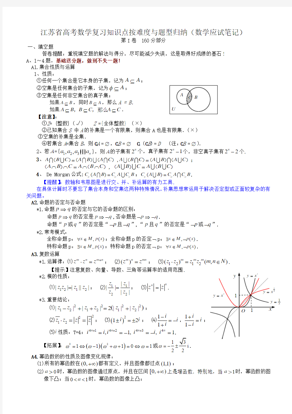 江苏省高考数学复习知识点按难度与题型归纳(数学应试笔记)