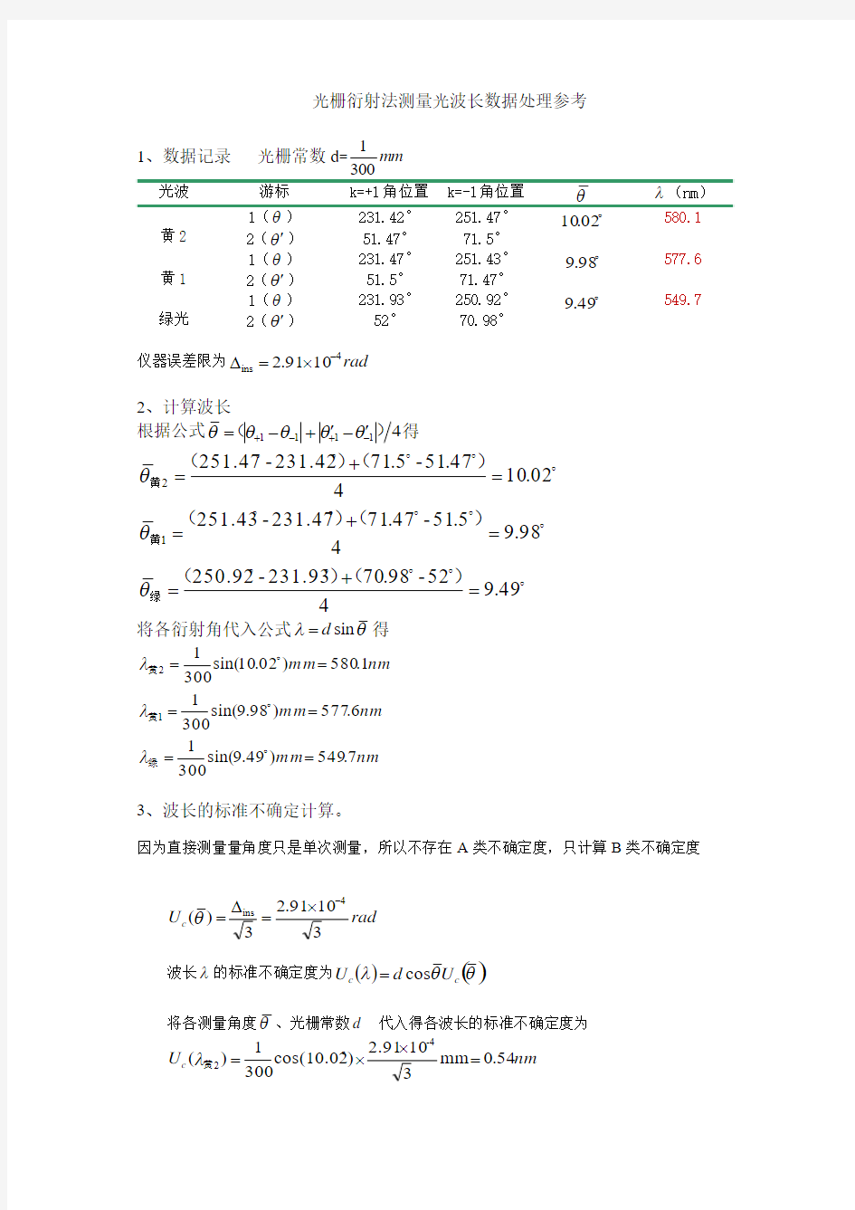 光栅衍射法测量光波长数据处理参考