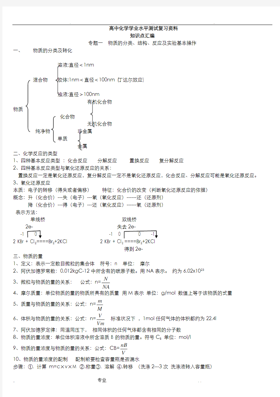 高中化学学业水平测试复习资料—知识点汇编