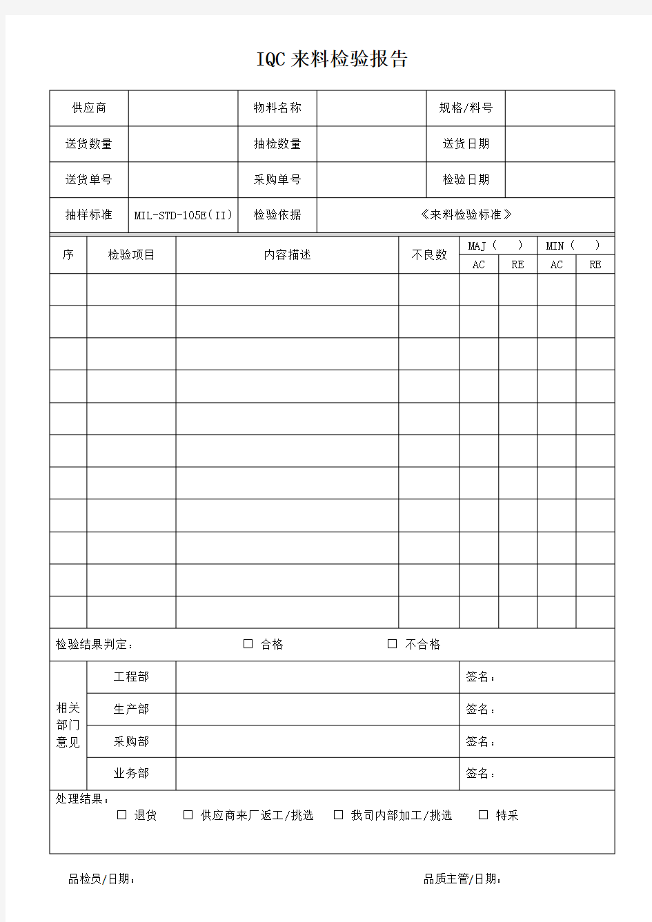 IQC来料检验报告模板