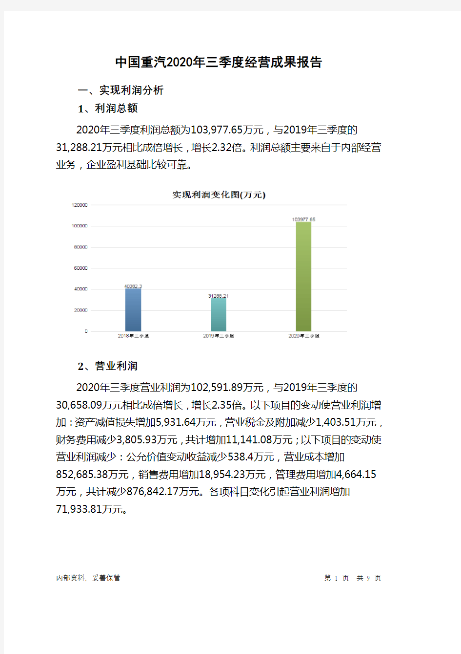 中国重汽2020年三季度经营成果报告