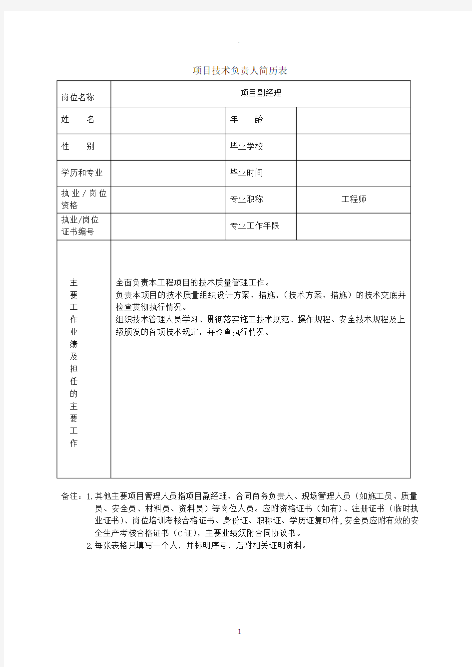 项目主要管理人员简历表及工作职责