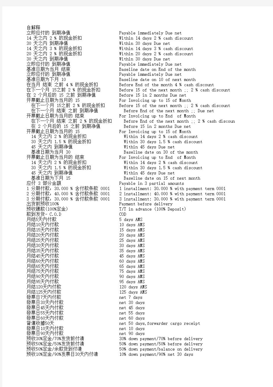 各种付款条款中英文对照表