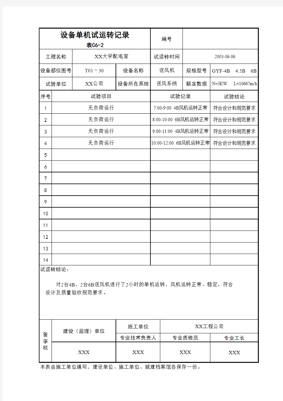 【实用表格模板】设备单机试运转记录