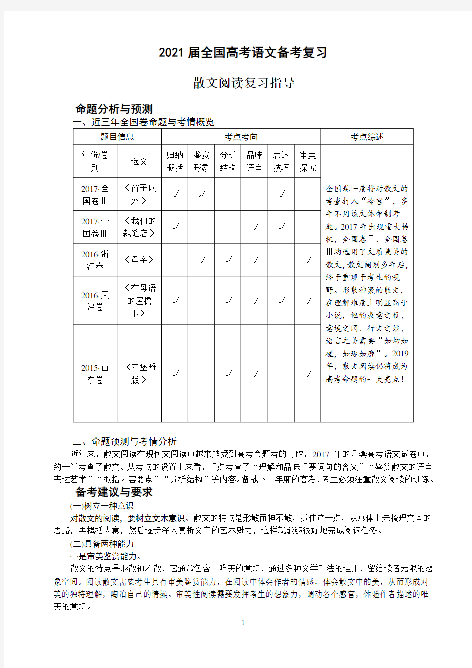 2021届全国高考语文备考复习  散文阅读复习指导