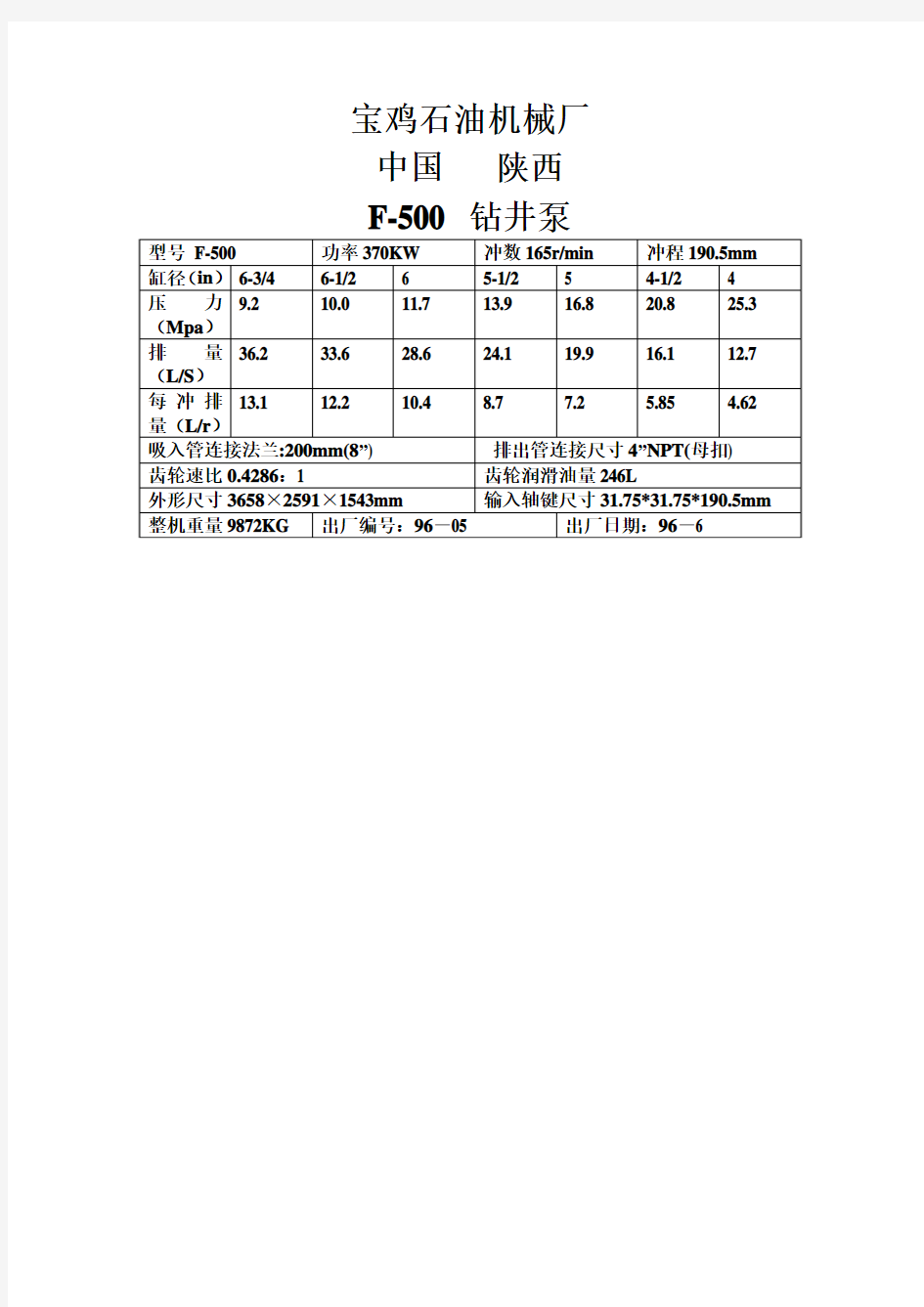 F-500泥浆泵参数