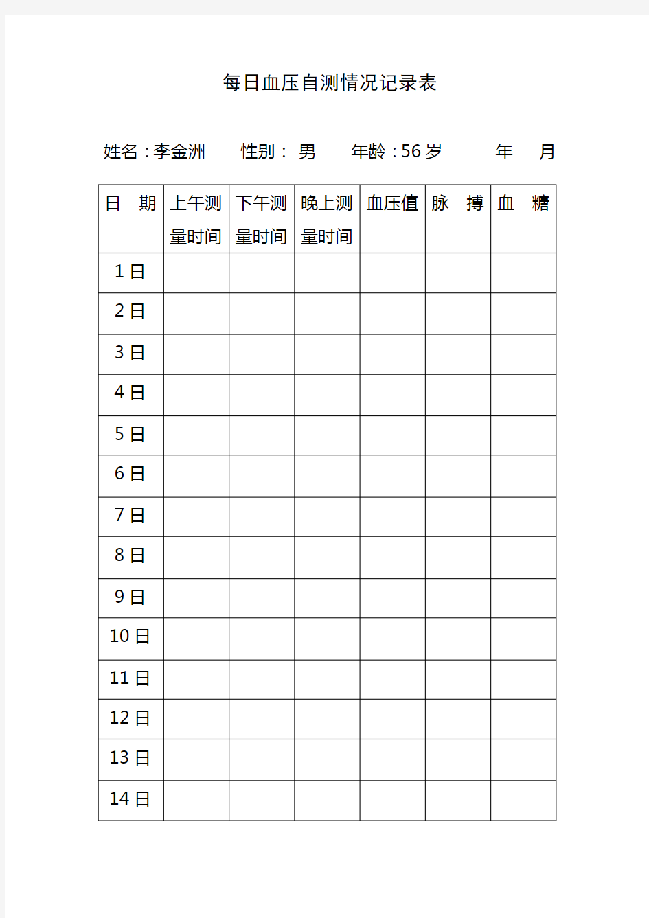 每日血压自测情况记录表