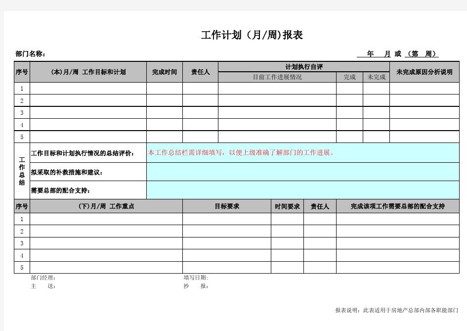 工作计划(月、周)报表格式