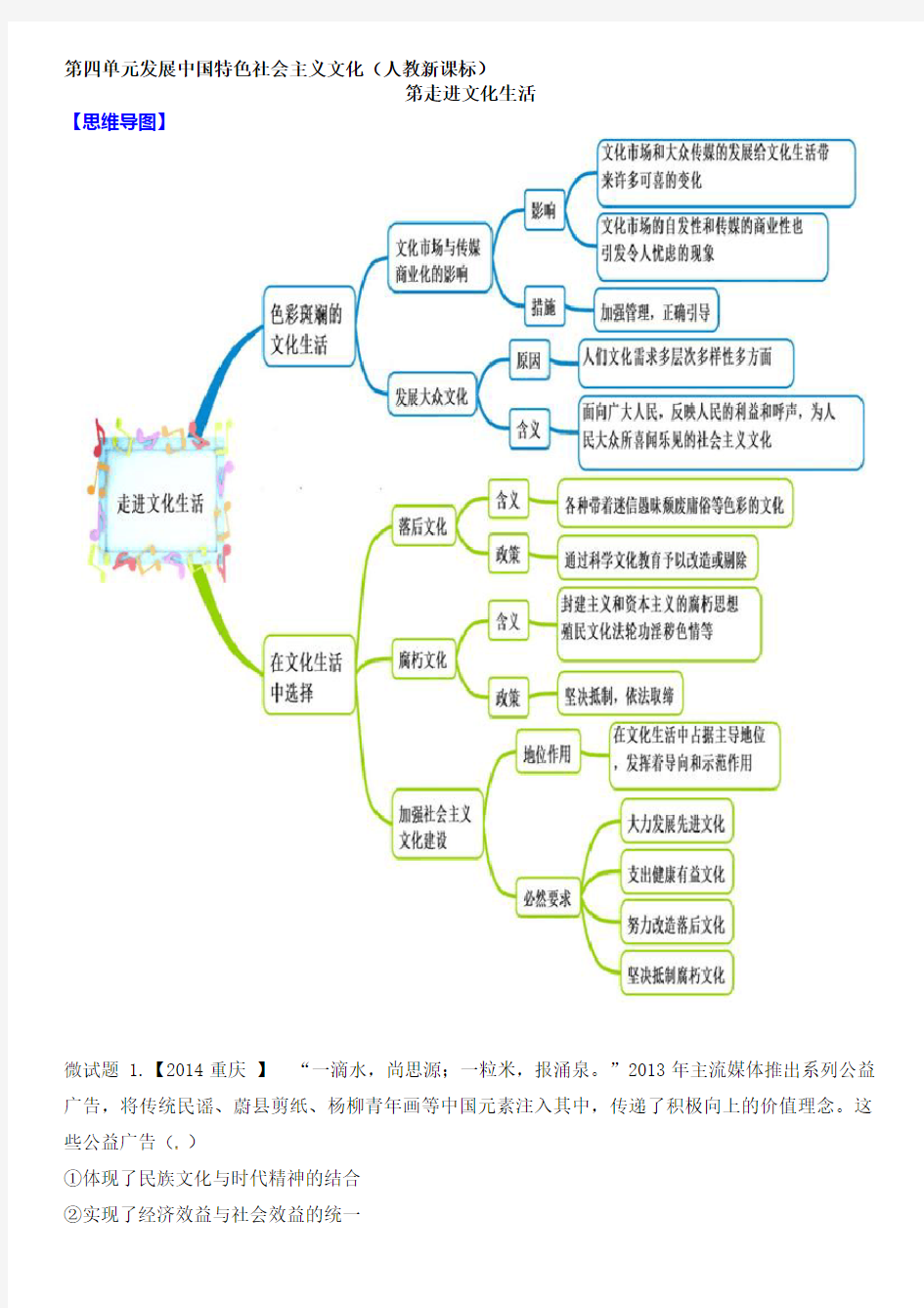 【人教版】政治必修3思维导图及微试题：第8课-走进文化生活(含答案)