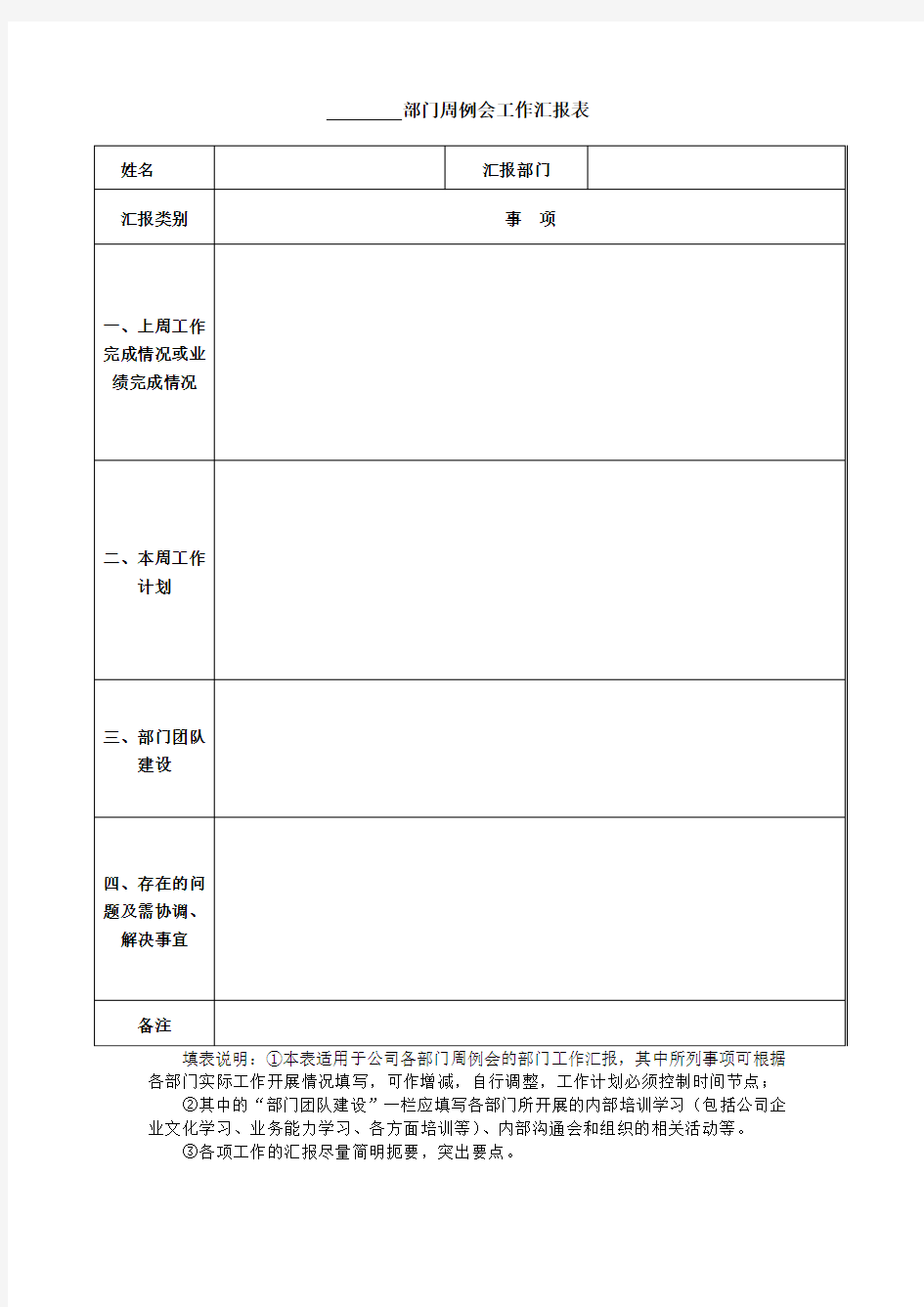 部门周例会工作汇报表