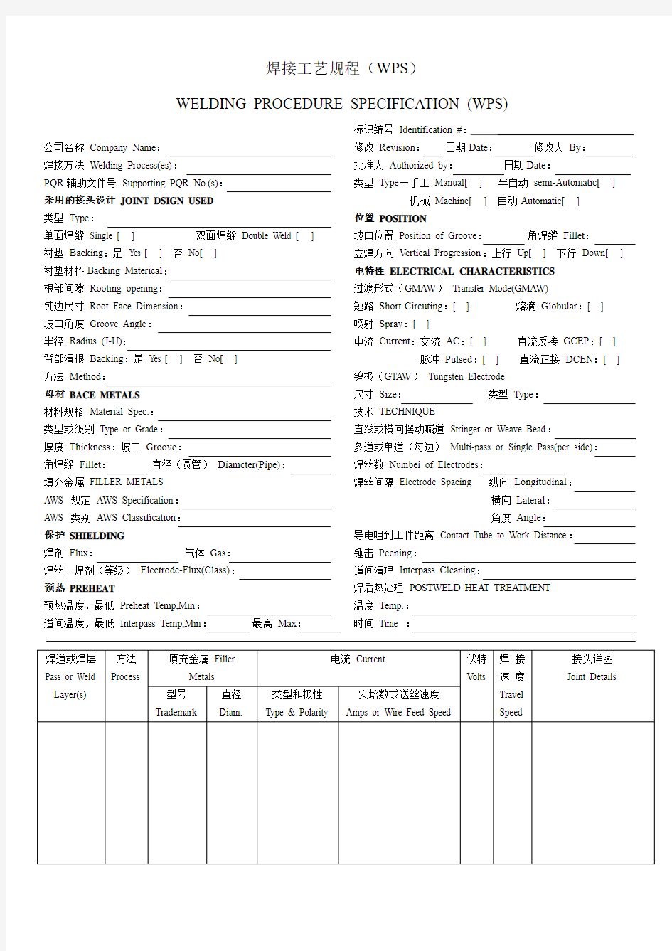 AWS D1.1焊接工艺规程中英文对照模板