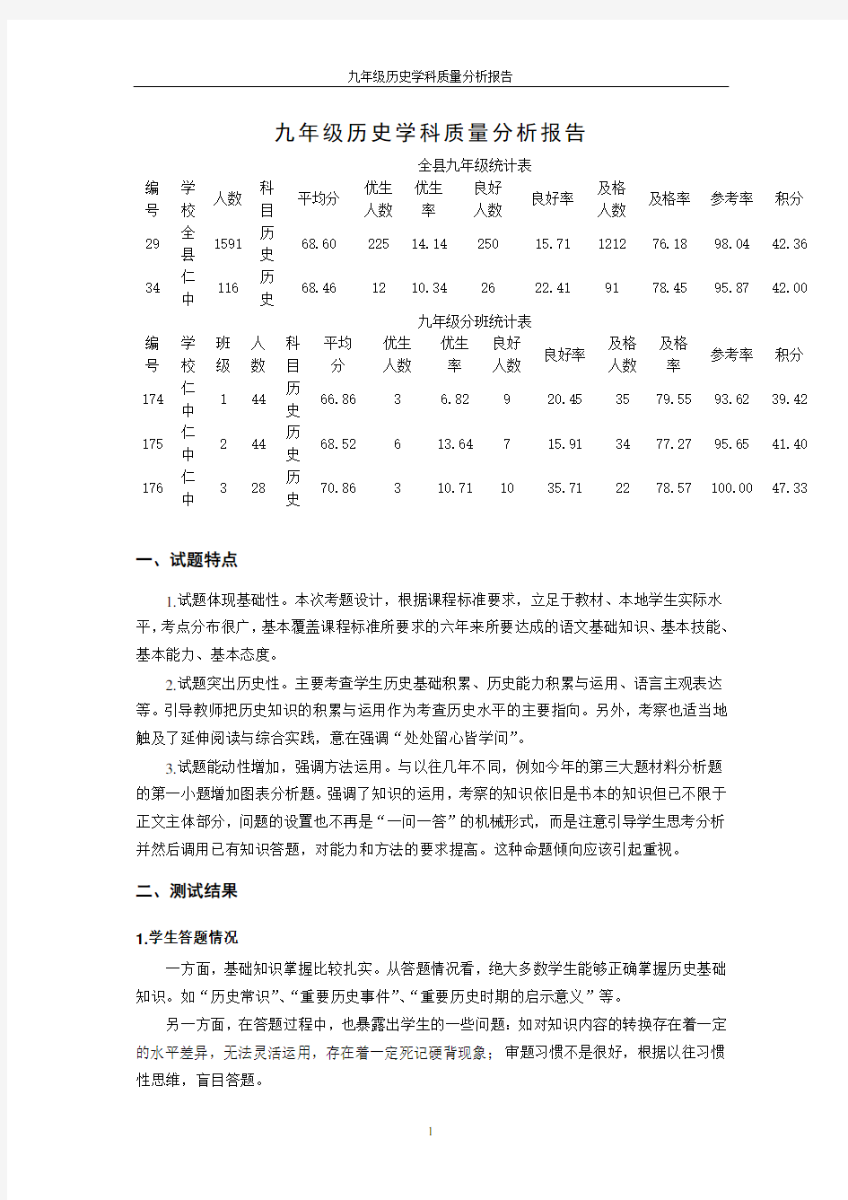 历史学科质量分析报告