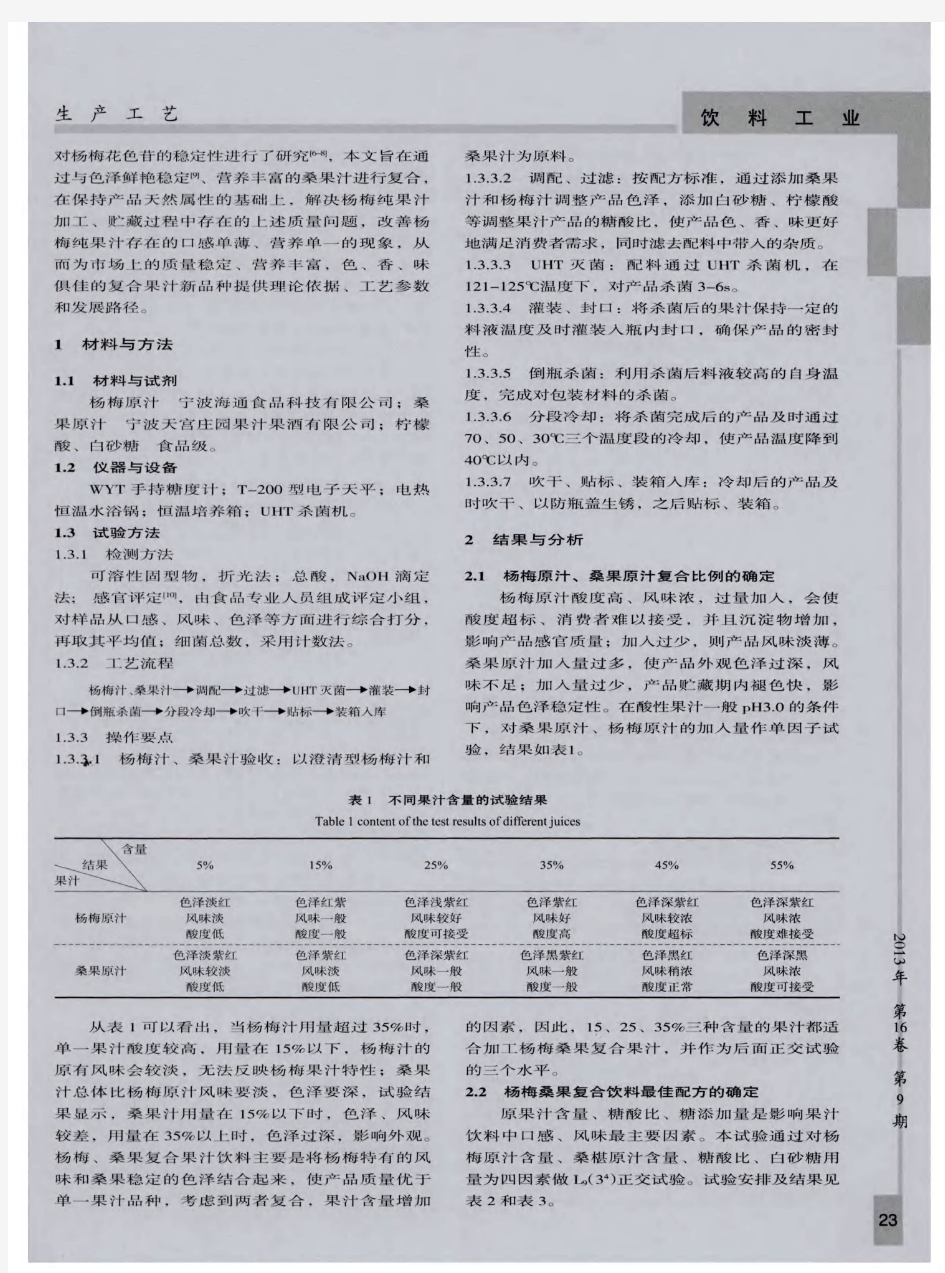 杨梅桑果复合果汁饮料加工工艺研究