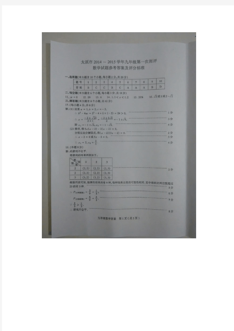 太原市2013-2014学年九年级数学第一次测评答案