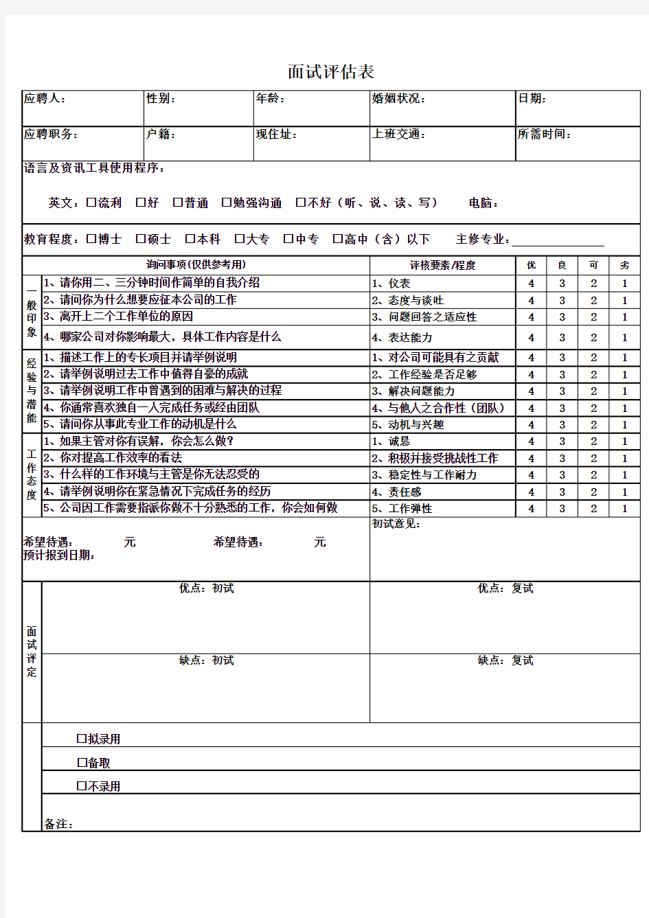 公司面试评估表