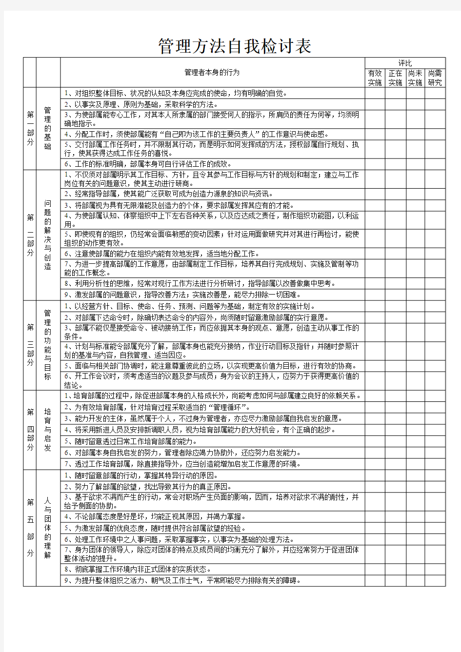 管理方法自我检讨表