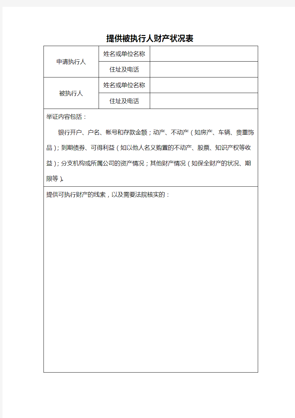 被执行人财产清单