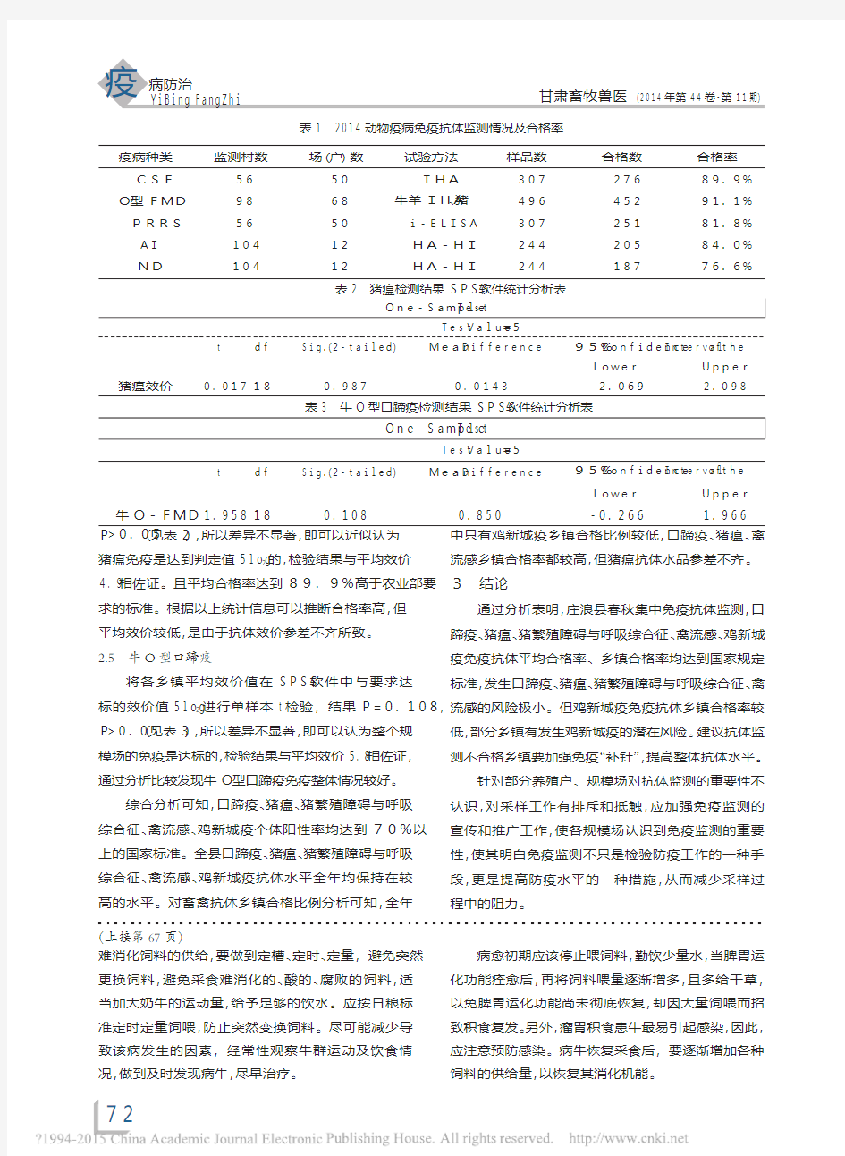 庄浪县2014年重大动物疫病免疫抗体监测分析评估