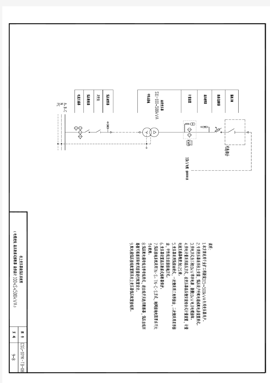 9.8柱上变压器高低压系统图(电缆进线 高压跌落式熔断器 高供高计 100≤S≤500kVA)