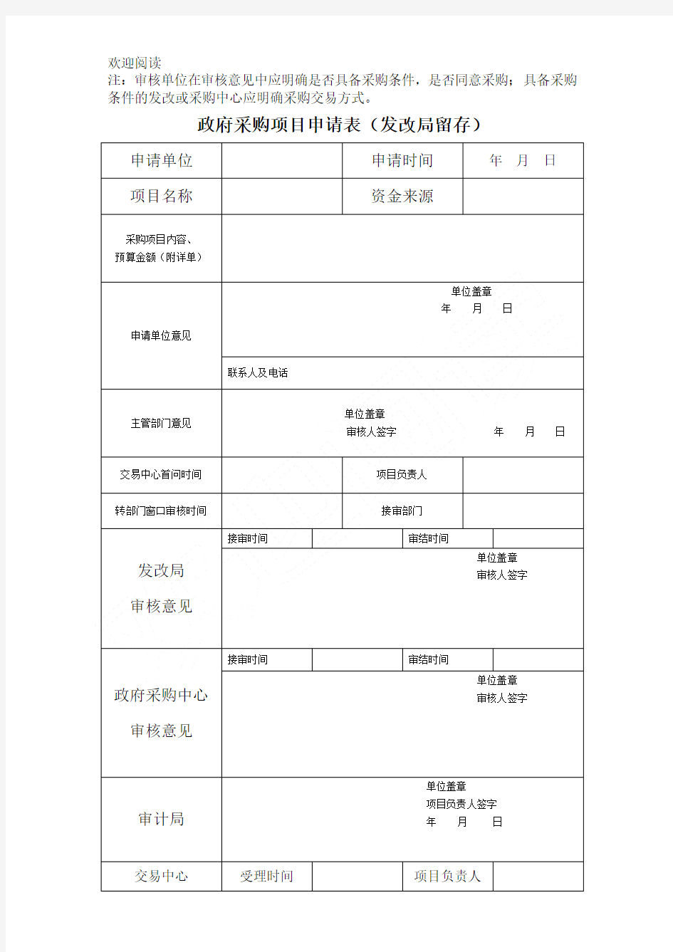 政府采购项目申请表