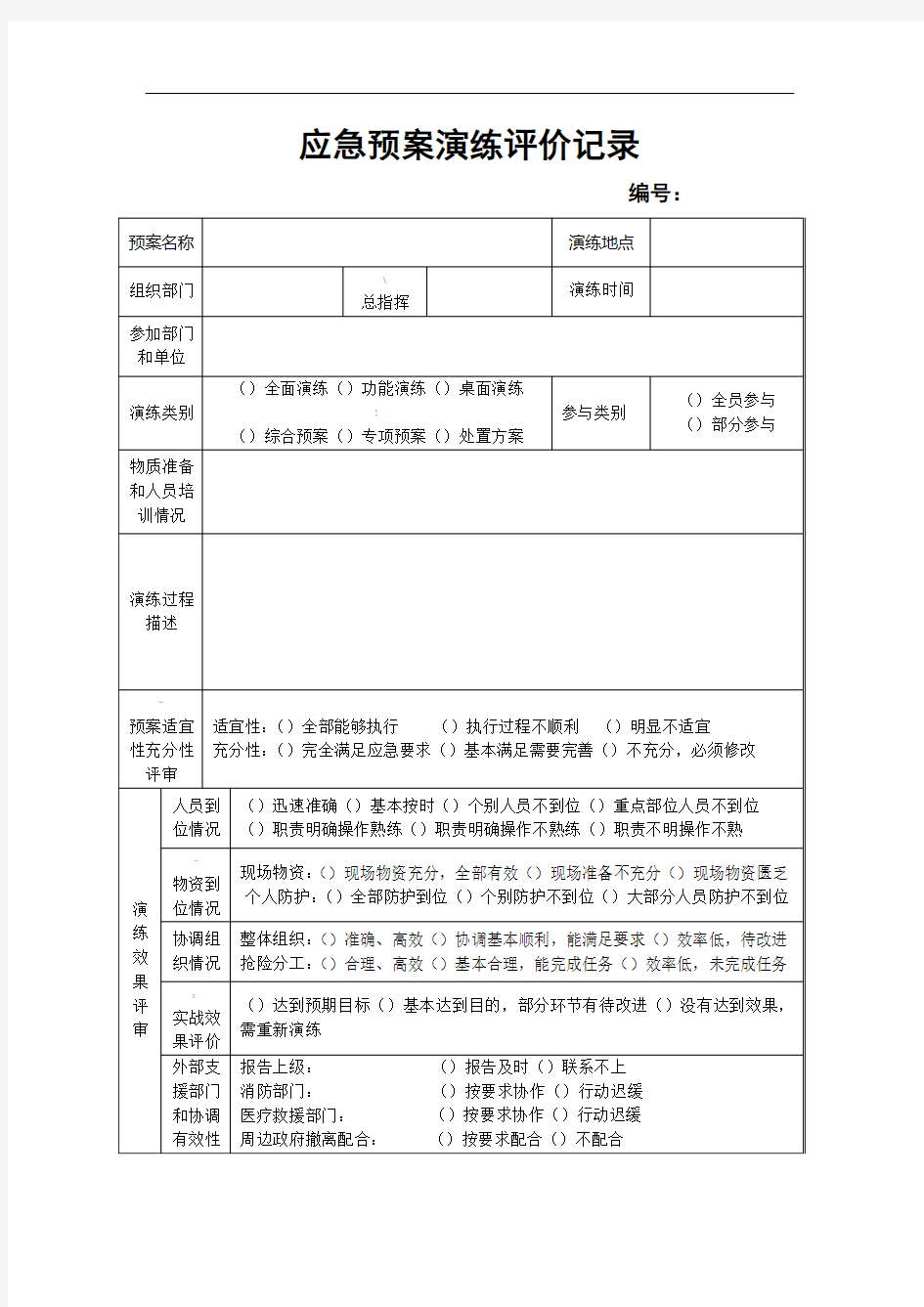 应急预案演练评价记录