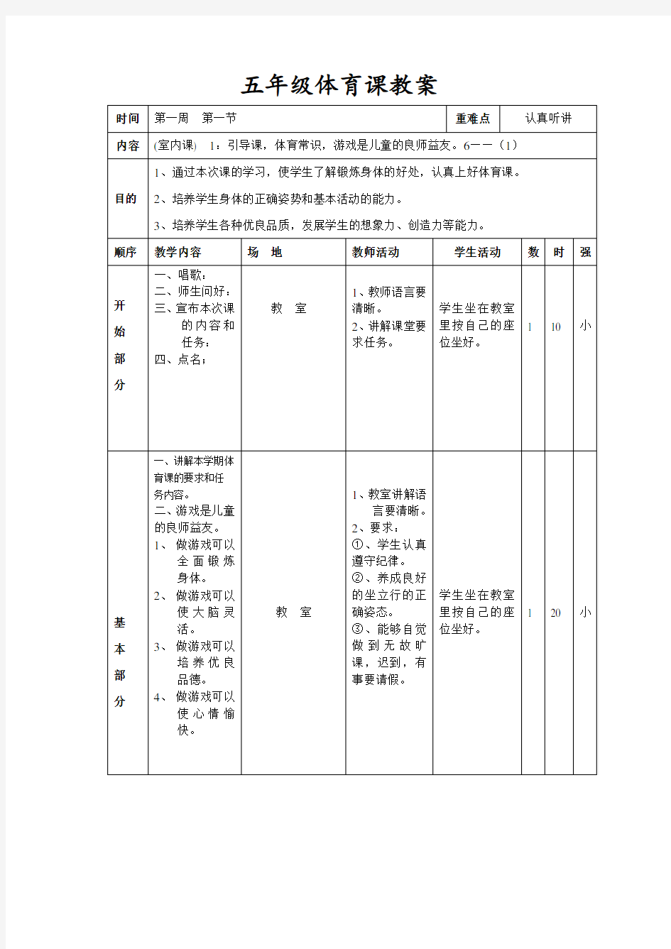 五年级体育课教案(表格式)