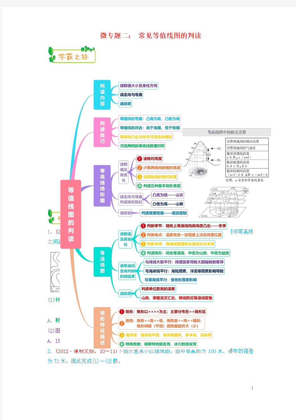 2019高考地理第一轮复习专题1微专题二常见等值线图的判读思维导图学案20180820449