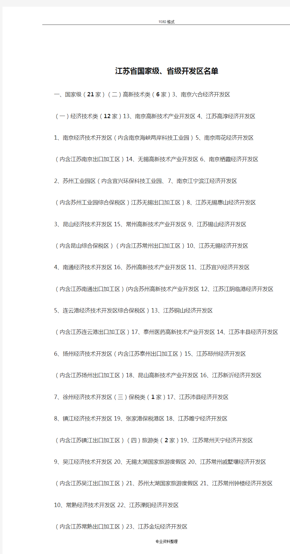 江苏省国家级、省级开发区名单