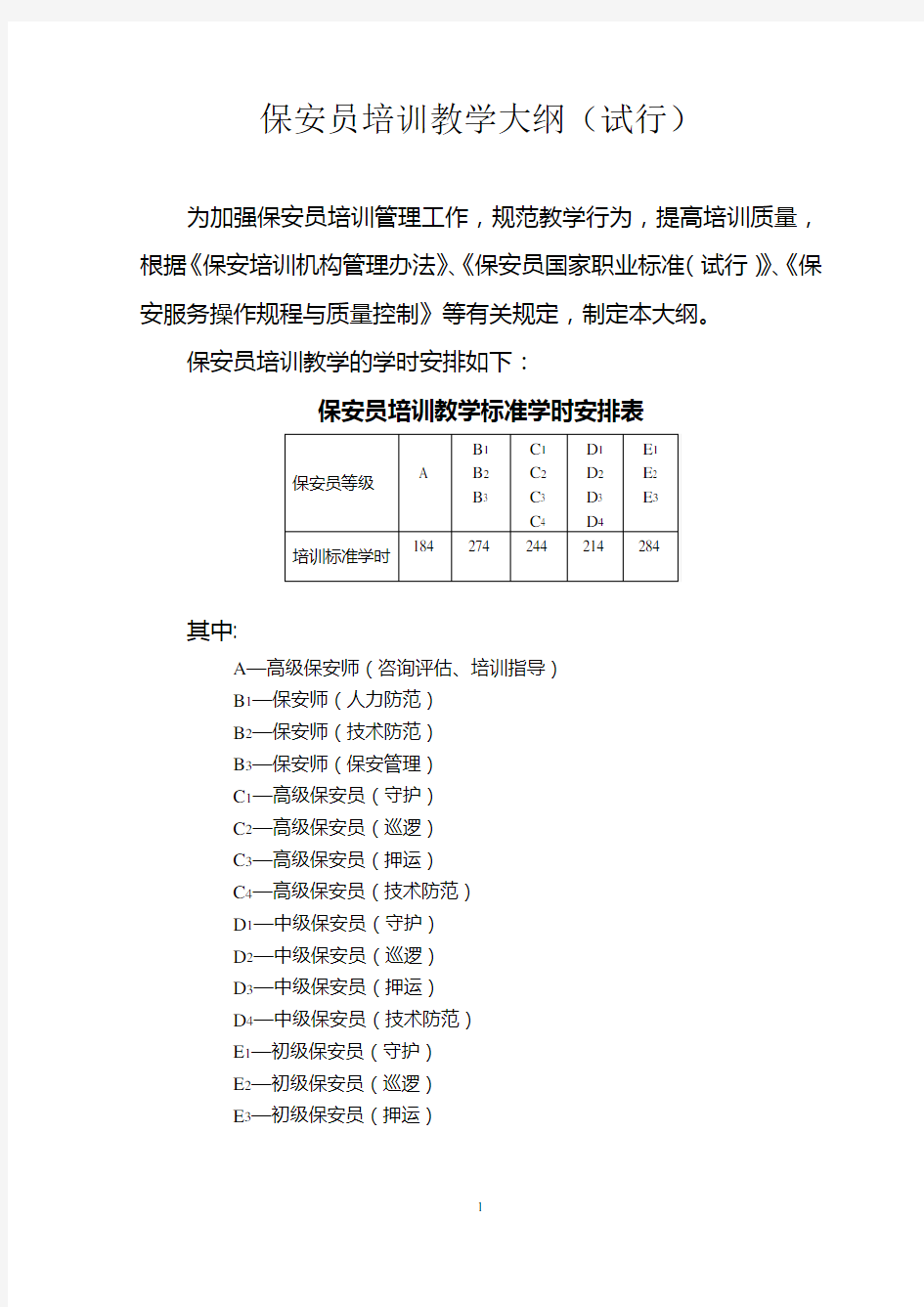 保安员培训教学大纲